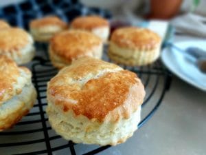 Baked scones on a wire rack.