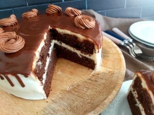 Sliced Chocolate Cake on a serving platter.