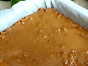 A layer of caramel sauce over a cake base