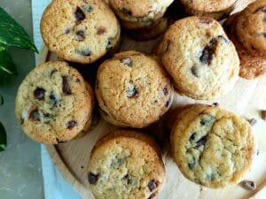 Overhead view of freshly baked chocolate chip cookies.