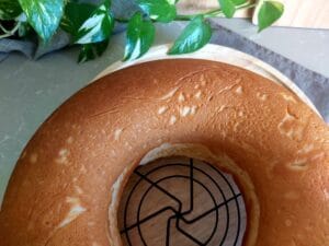 Donut shaped cake on a wire rack.